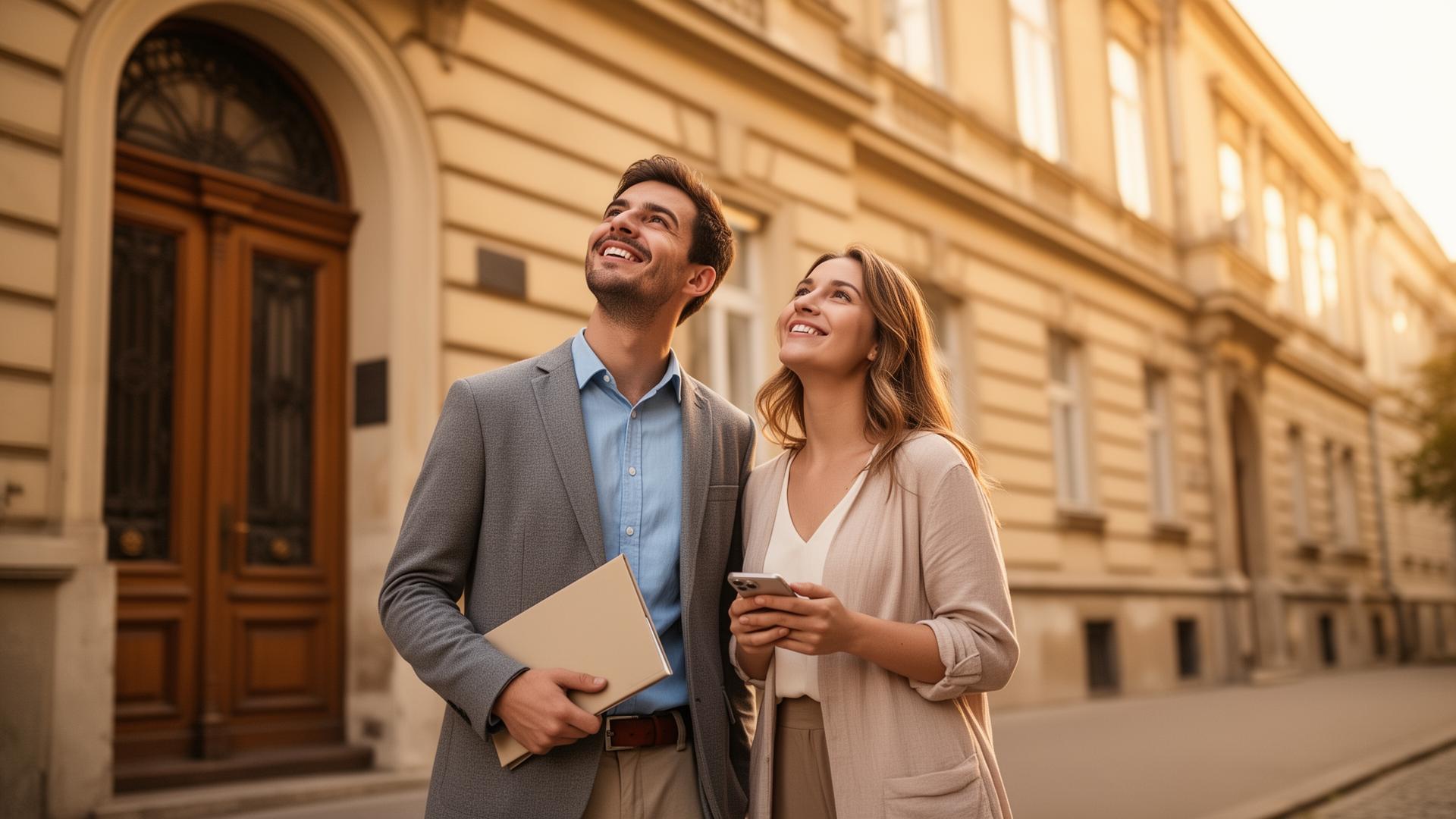 Fiatal pár egy klasszikus budapesti bérház előtt felfelé néz — Otthon Start illusztráció