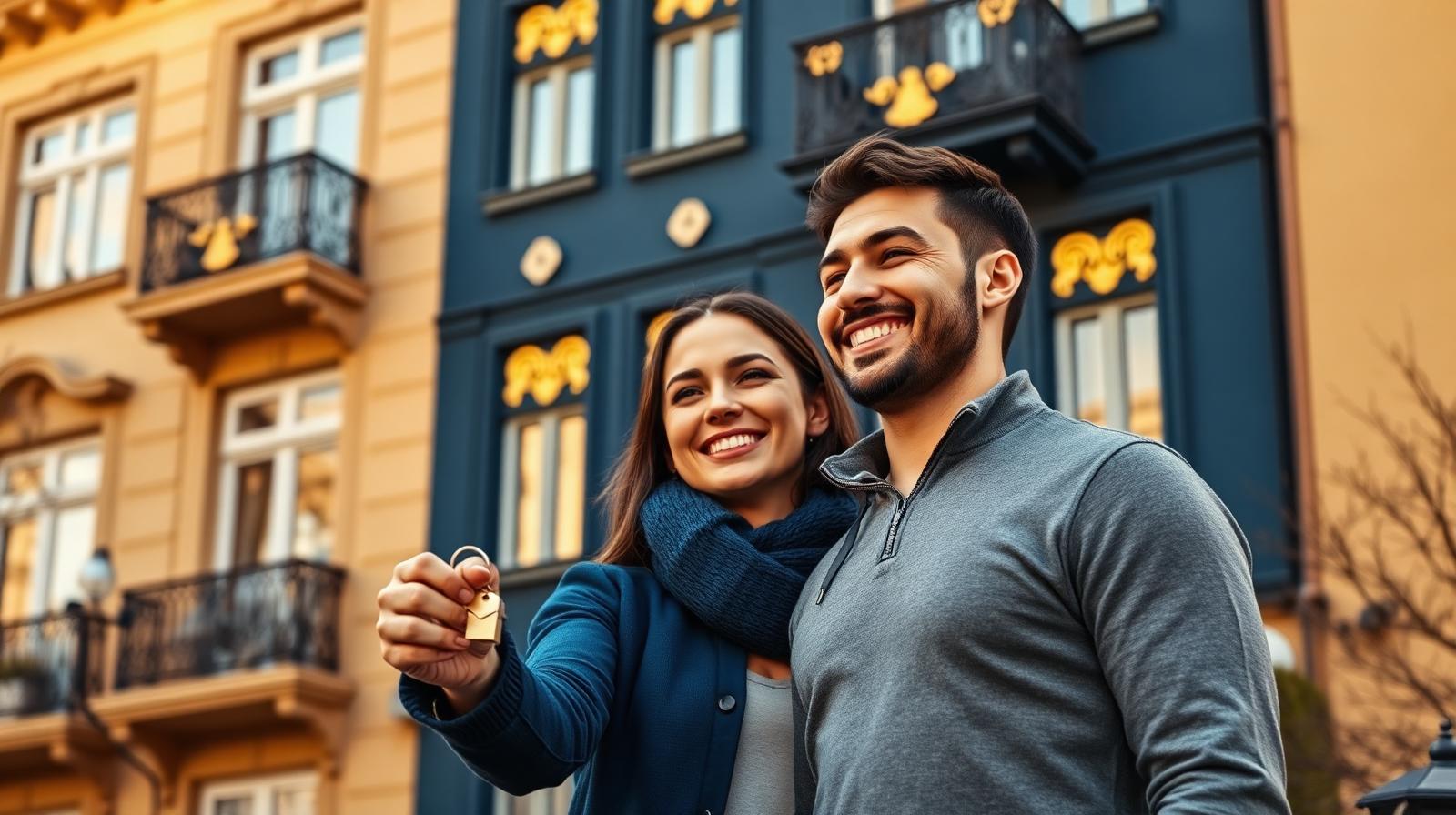 Mosolygó fiatal magyar pár egy klasszikus budapesti bérház előtt, kezükben kulcs aranyszínű kulcstartóval — lakásvásárlás 9 lépésben illusztráció